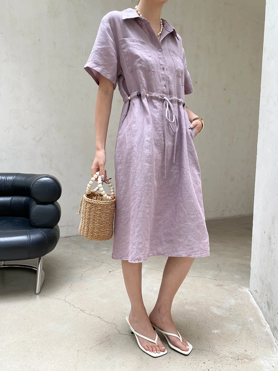Sommerliches Damen-Freizeitkleid in Uni-Farbe mit Perlenbesatz, Kordelzug und tailliertem Schnitt – Detail 26