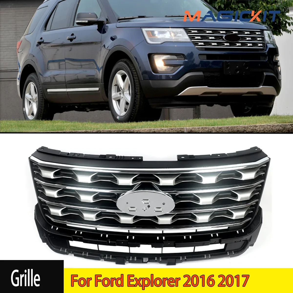 MAGICKIT Front Upper Bumper Grille Grill Silver Coated Fits For Ford Explorer 2016 2017 car Accessories