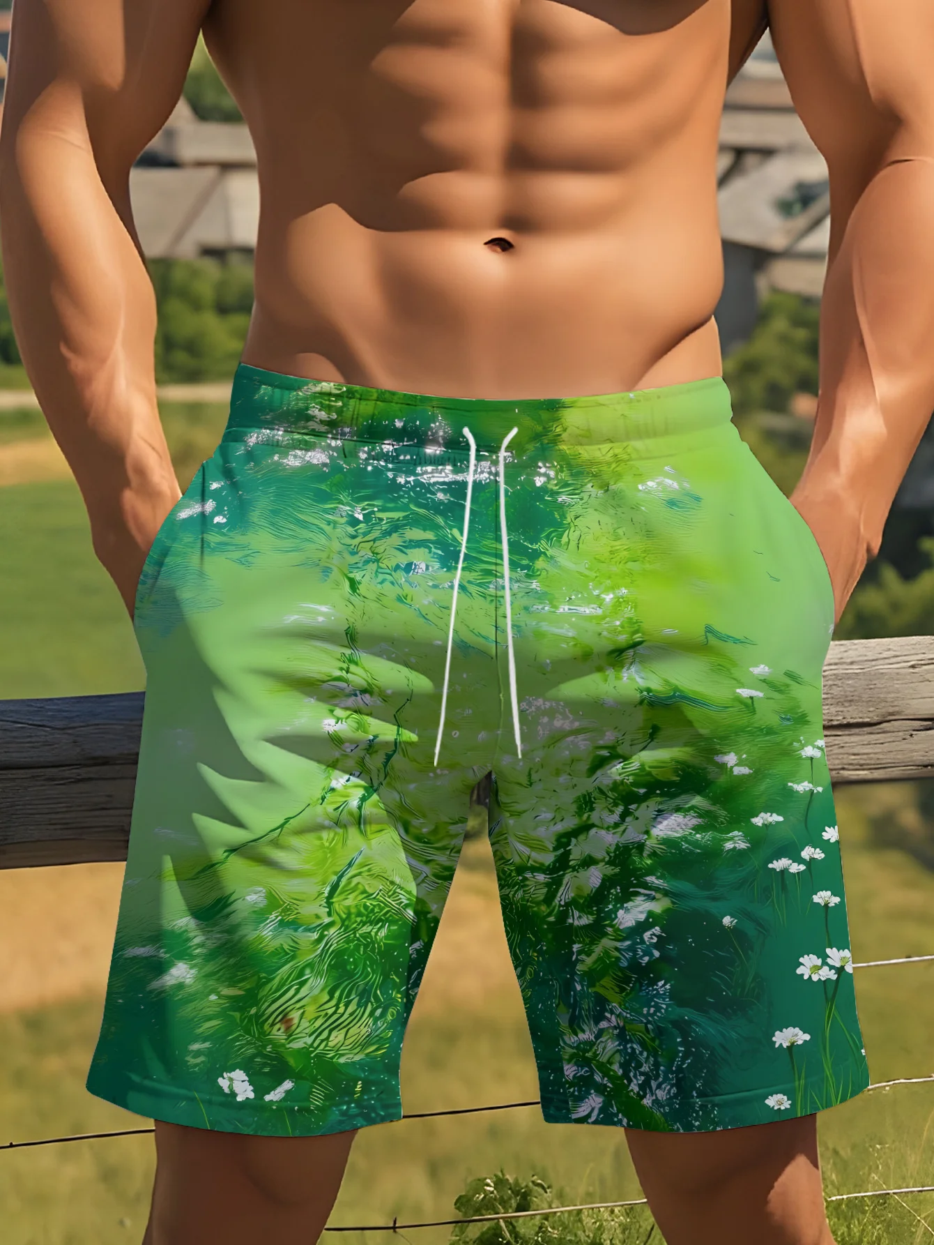 Mens Green Water Ripple Daisy Print Quick Dry Drawstring Waist Beach Shorts Swim Trunks