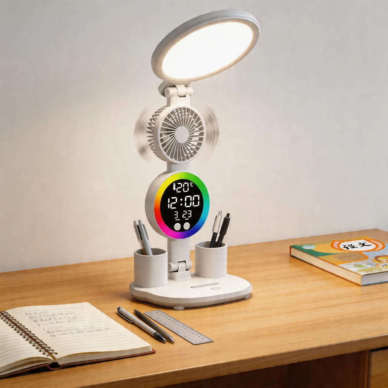 Eye-care Desk Lamp with Fan, LED Clock Display, Temperature, Time, Date, 3-color Adjustable, USB Powered