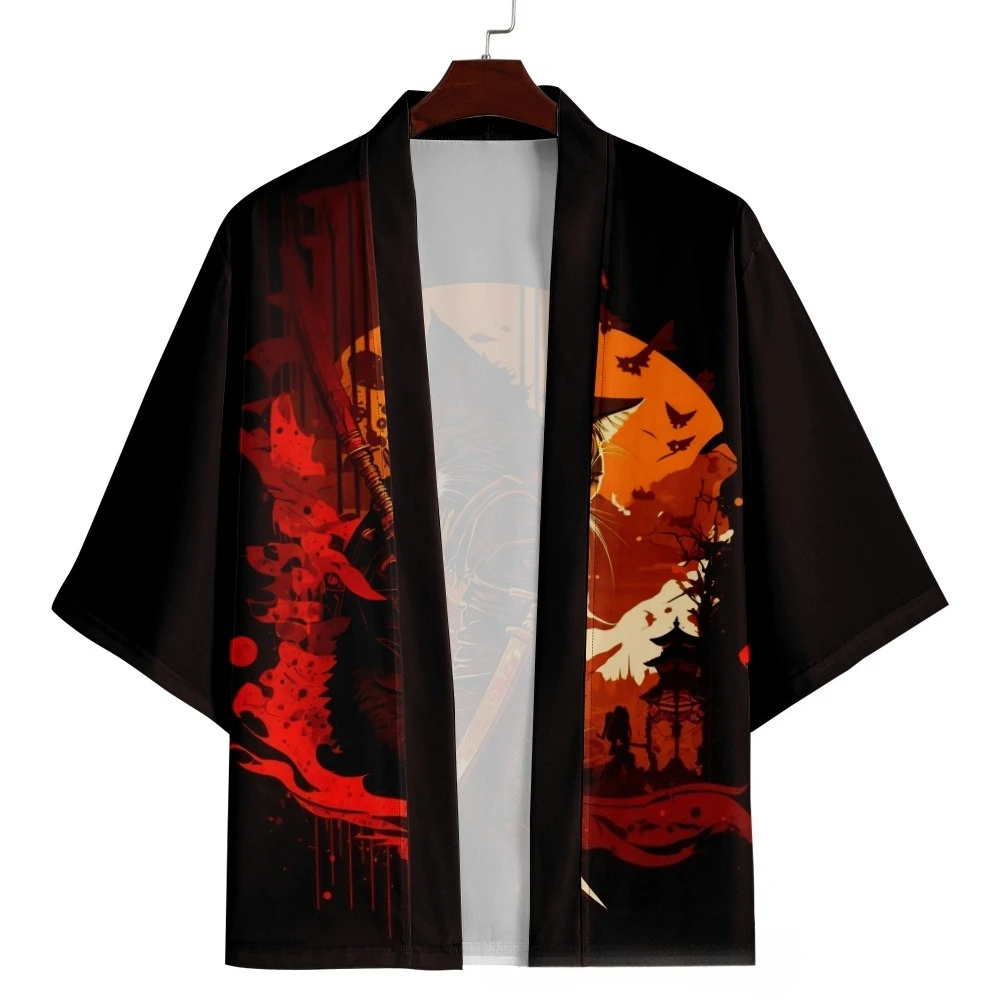 Japanese Kimono Yukata Samurai Cat Print Shirt Clothing Harajuku Cardigan for MenTraditional Haori Kimono Women