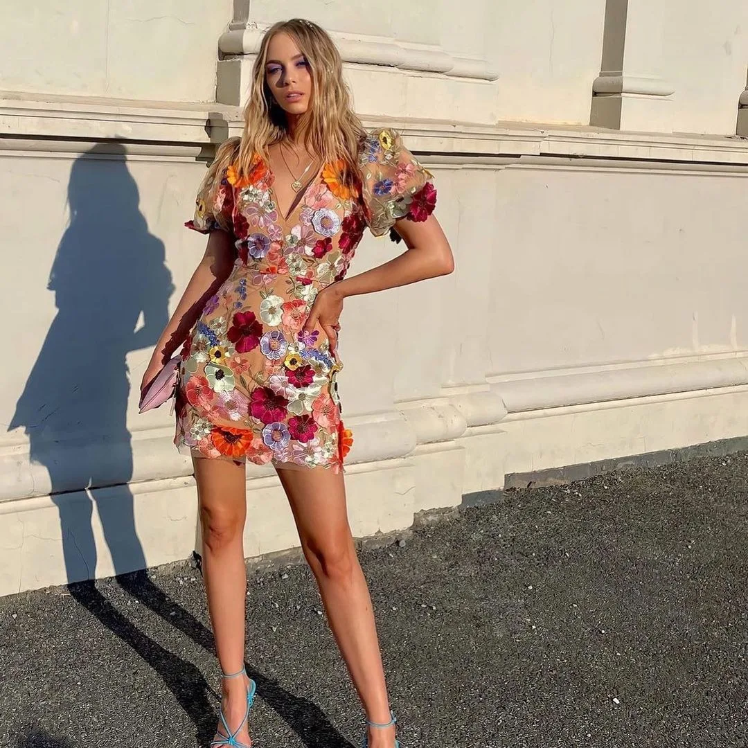 

New Couture Flower Women Mini Dresses With Short Puff Sleeves Colorful Bloom Floral Sheath Short Party Dress