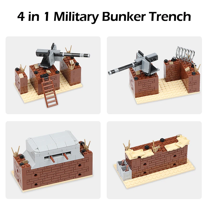 Hot WW2 Military Trench Bunker Defense Base Bunker Model Building Kits Mini Army Weapon Supplies Guns Bricks Sets Toy Gifts