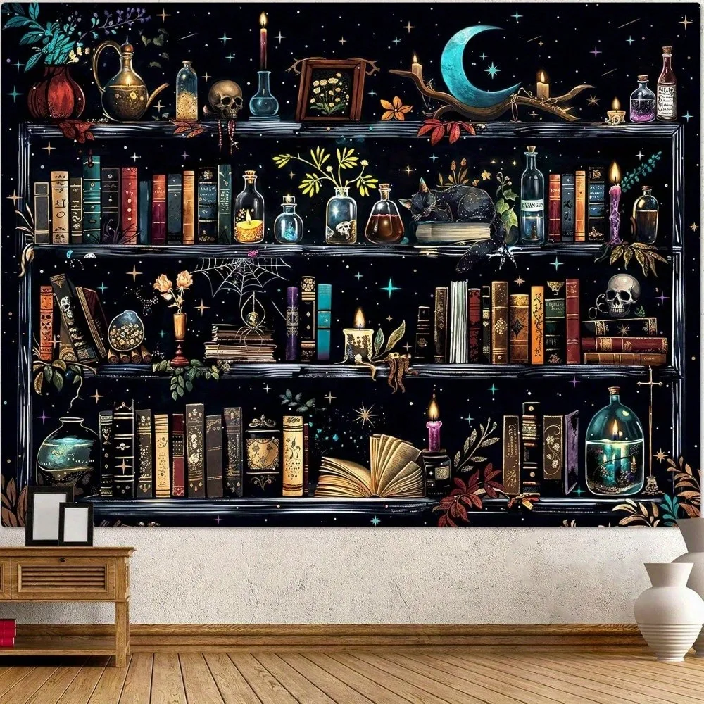1 Stück Hexen-Bücherregal-Wandteppich, Gotische Bibliotheks-Wanddekoration, Himmlischer Totenkopf-Dekor, Schlafzimmer- und Wohnheim-Deko, Geschenke für den Schulanfang und den Herbst