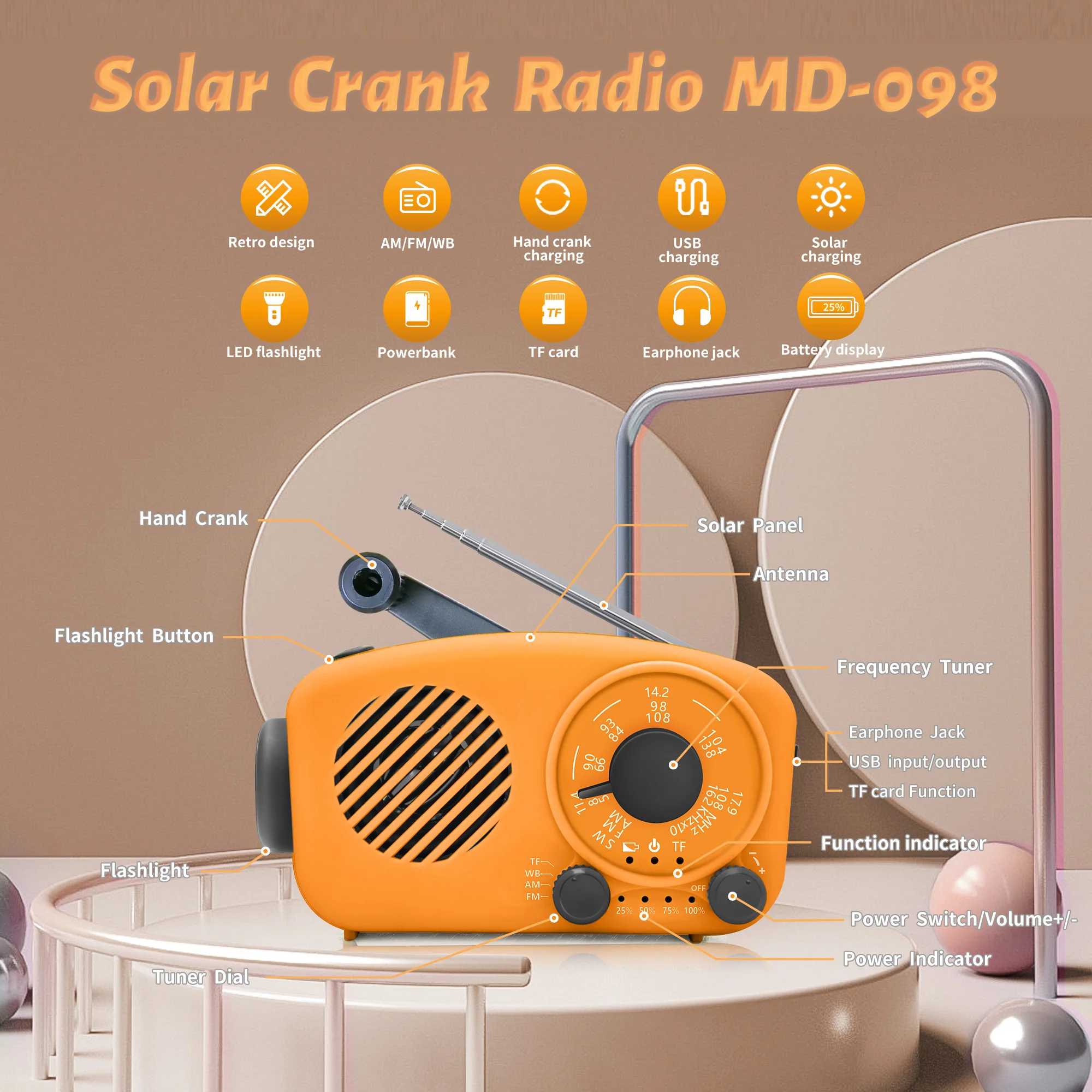 2000mah Rechargeable Portable Solar & Hand Crank Radio with FM/AM Emergency Flashlight for Survival Nood Radio Emergency