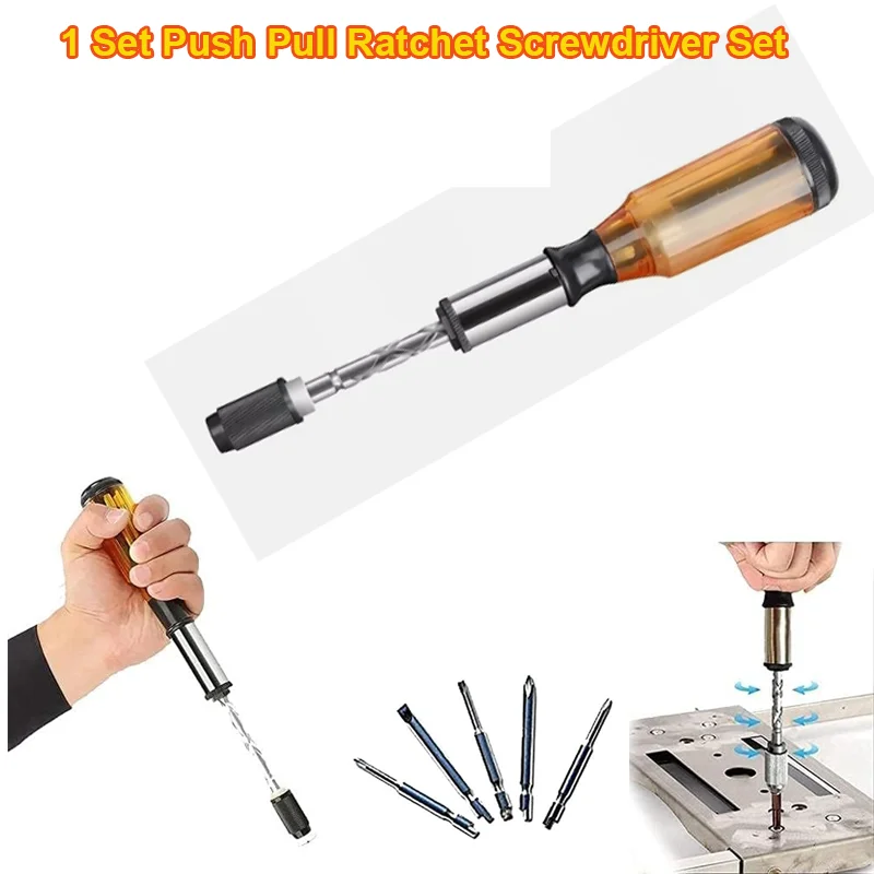 

Multifunctional Push Pull Ratchet Screwdriver Set Automatic Spiral Ratchet Screwdriver with 5 Replaceable Heads Hand Tools