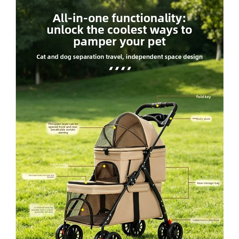 Double Layered Pet Outdoor Stroller Foldable Lightweight Cat and Dog Universal Honeycomb Breathable Mesh Pull Rod Cage