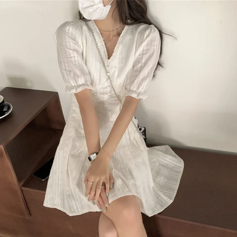 Dresses Women Pure Puff Sleeve Japanese Style Schoolgirls Sundress V-Neck Streetwear Casual Stylish Mini A-Line All-match Summer