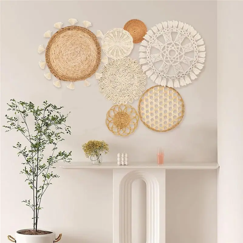 DT19 Boho Wall Basket Decor 8Pack, White Macrame Woven Wall Hanging, Flat Rattan Tassel Baskets for Living Room Bedroom Art