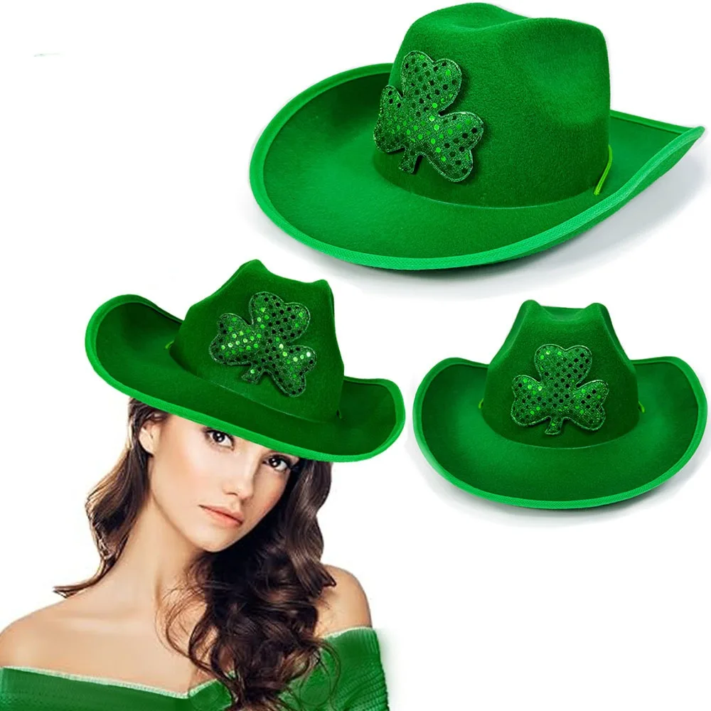 

Plush Cowboy Hat Saint Patrick's Day Hat Wide Brim Luminous Shamrock Hat Clover Shiny Green Velvet Top Hat Party Decoration