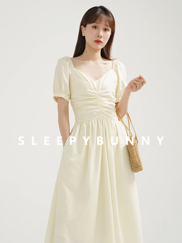 French V-Neck Puff Sleeve Dress Women Summer Slim Fit A-Line Long Dress Elegant Ruched Waist Soft Girl Look Daily Date Vacation