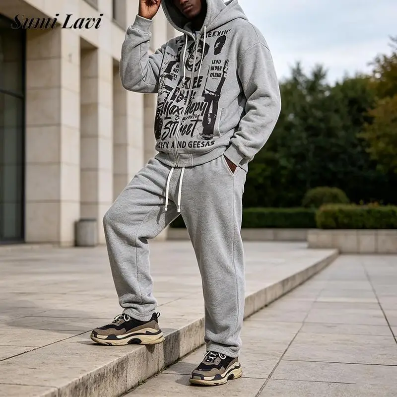 Streetwear Print Hooded Tracksuit Suits Mens 2026 Autumn Zipper Hoodie Tops And Pants Two Piece Sets Fashion Loose Outfits Mens