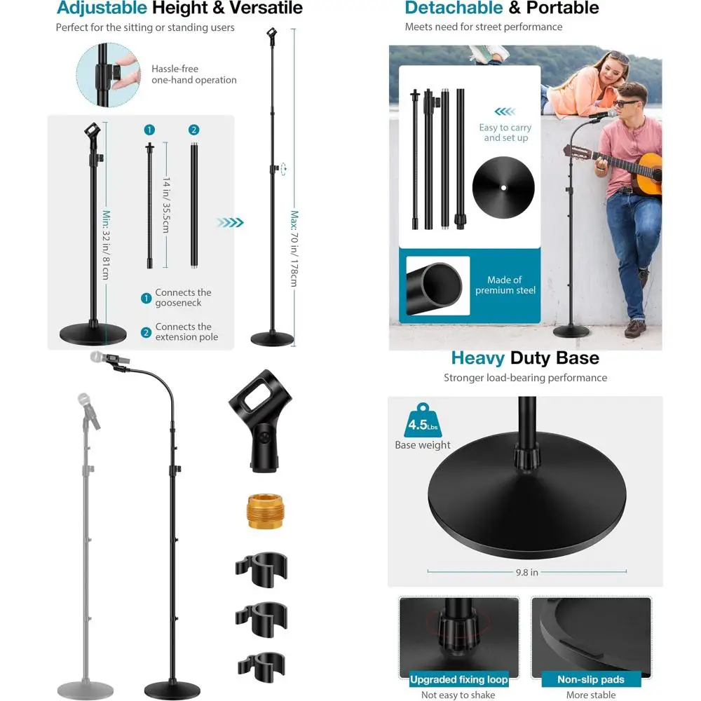 Soporte de micrófono de cuello de cisne desmontable de altura ajustable, rango 32-70, con base ponderada para SM7B, SM58, y Samson Q2U