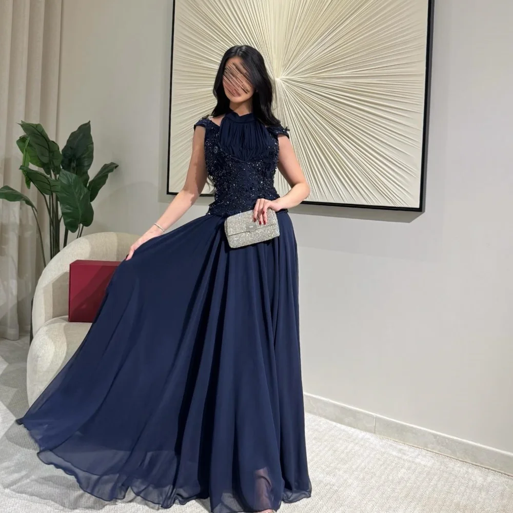 

Customized Navy Blue Luxury Sparkle Chiffon Flower Beading Sequined A-line High Collar Long Dresses Evening Dresses High Quality