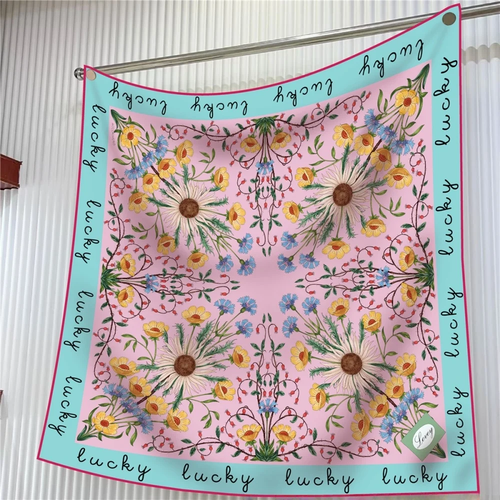 

Korean Style 90cm Sunflower Floral Silk Scarf Women's Shawl UV Protection Large Square Scarf Decorative Fashion Accessory