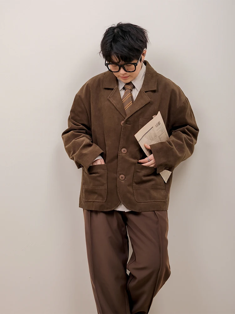 

Ykoj Vintage Corduroy Men's Casual Suit Jaet Loose Fit Couple's Sle Turn-down Collar Single Button Long Sve Anti-Wrinkle