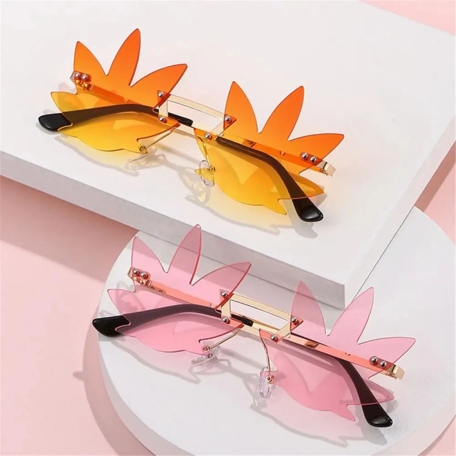 New Novel Rimless Maple Leaf Shape Metal Sunglasses  Women Party Decorative Sun Glasses Men Unique Street Catwalk Prom Eyewear