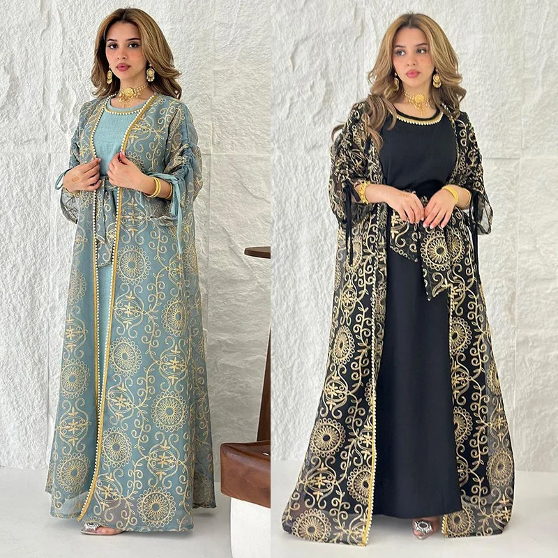 Chiffon Dubai Abaya Arabia Muslim Dress Women Lace-up Casual Party Elegance Fake Two Pieces Daily Dress Kaftan Femme Musulman