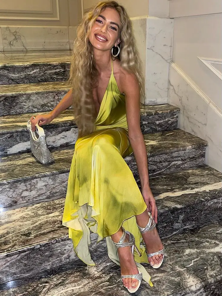 WeiYao แฟชั่นพิมพ์ Ruffles Halter เซ็กซี่ Mermaid ชุดผู้หญิงแขนกุด Backless Draped Ruched Maxi ปาร์ตี้ Vestido