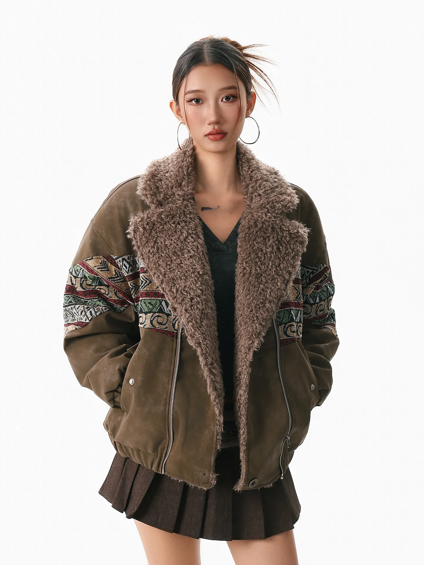 

Женская зимняя куртка Boeax в американском ретро-стиле с цветными вставками, хлопковая, свободного кроя, с длинными рукавами, на молнии, новая коллекция, этнический стиль