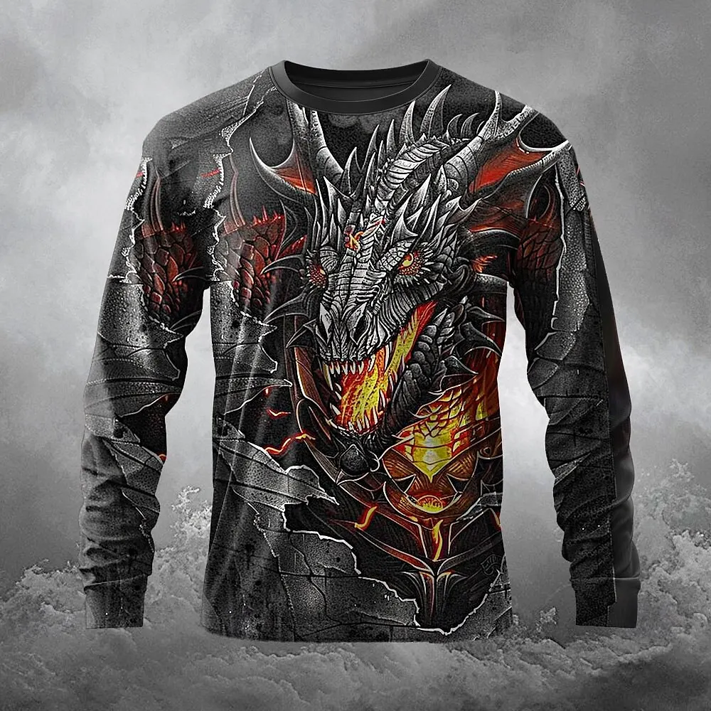 

Vintage Dragon Print Men's Long Sleeve T-Shirt Autumn Street Casual Stylish Round Neck Pullover Loose Quick Dry Clothes For Male