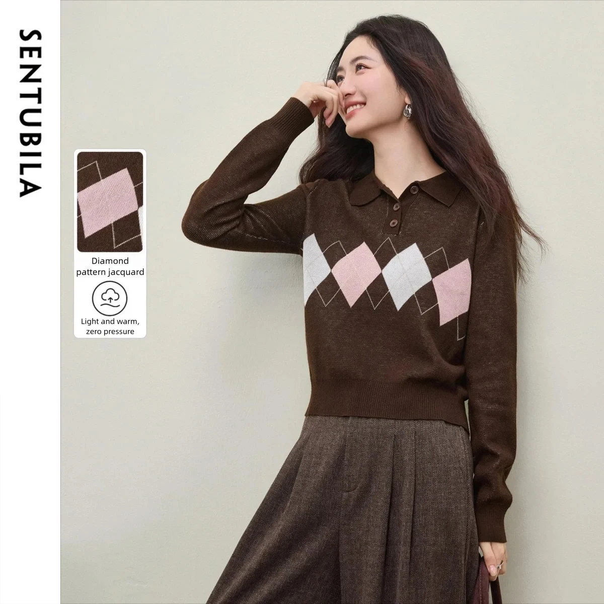 

SENTUBILA Retro Women's Sweater 2025 Simple Jacquard Argyle Pattern Lapel Collar Jumpers for Woman Winter Clothes W61EH4838