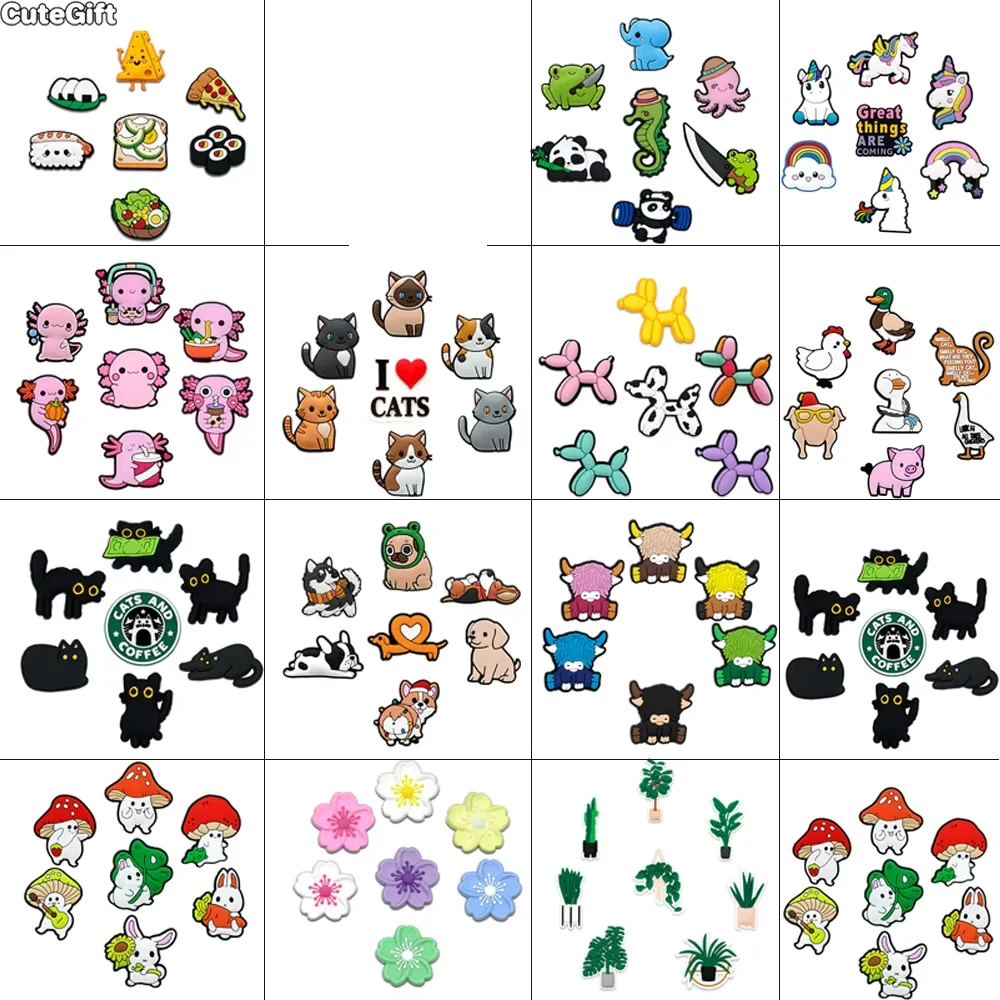 6-9PCS PVC Cute Animals Shoe Charms for Kids Cat Salamander Balloon Dog Unicorn Shoe Decorations Pins  Clogs Buckles Accessories