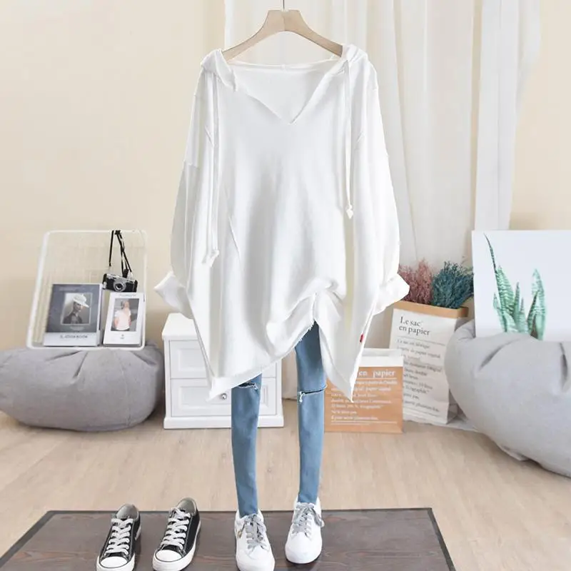 Oversize Spring Female Clothing V-neck Drawstring Solid Color Long Sleeve Pullovers Ladies Korean Style Casual Long Sweatshirts