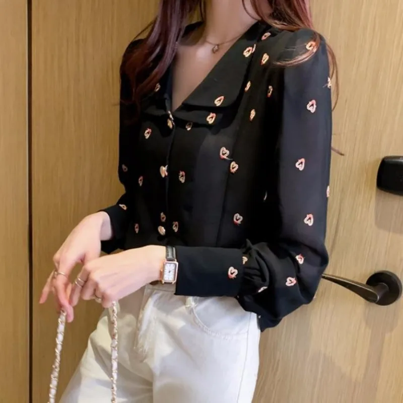 Women Korean Fashion Double-Layer Collar Embroidery Shirts Vintage Elegant Chic Commute Blouses Casual Long Sleeve Loose Tops