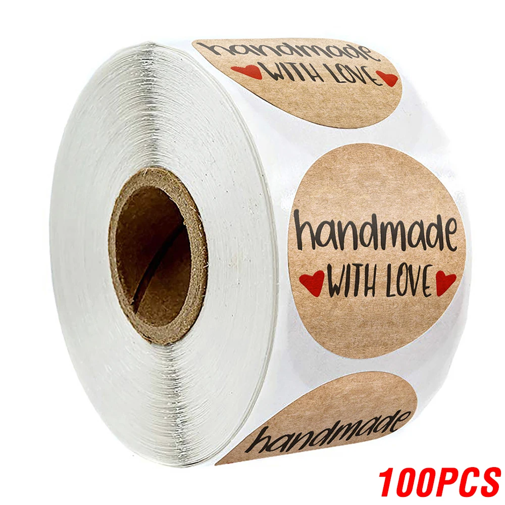 100-500 Stuks 1Inch Vintage Kraftpapier Handgemaakt Met Liefde Stickers Voor Pakket Dank U Briefpapier Zelfklevende Etiketten bakken Seals