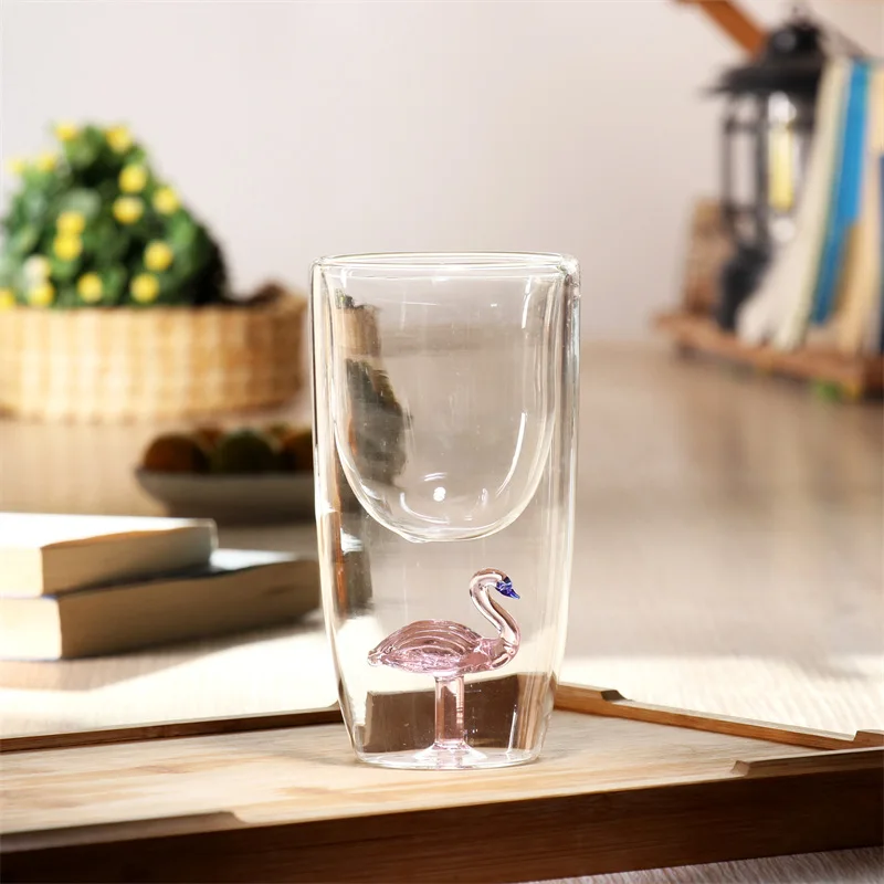 1 PC 3D Rose Embedded Double-Wall Champagne Flute Goblet Tumbler Mug Creative Glassware Gift with Rose Detail
