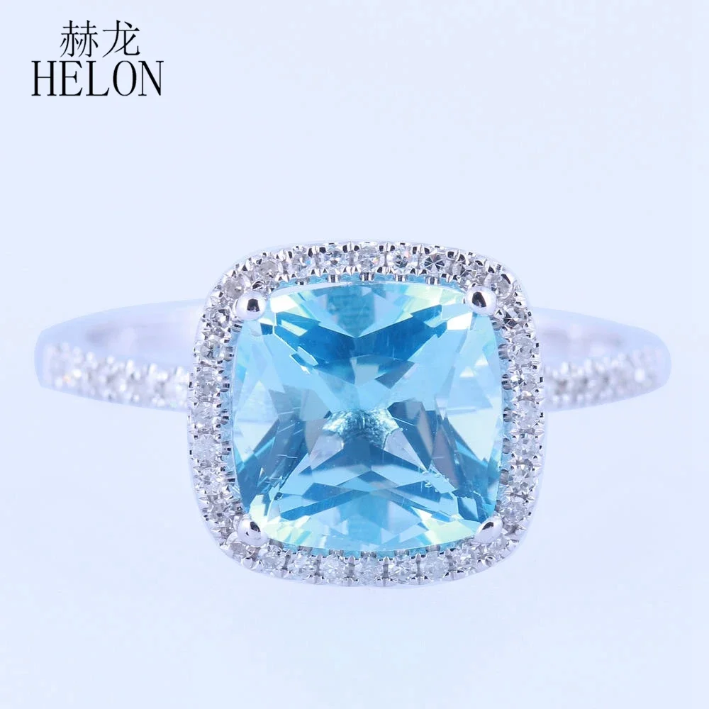 Shruno Solid 14k au585 White Gold Cushion Cut 8mm Genuine Sky Blue Topaz Engagement Ring For Women Diamond Fine Jewelry