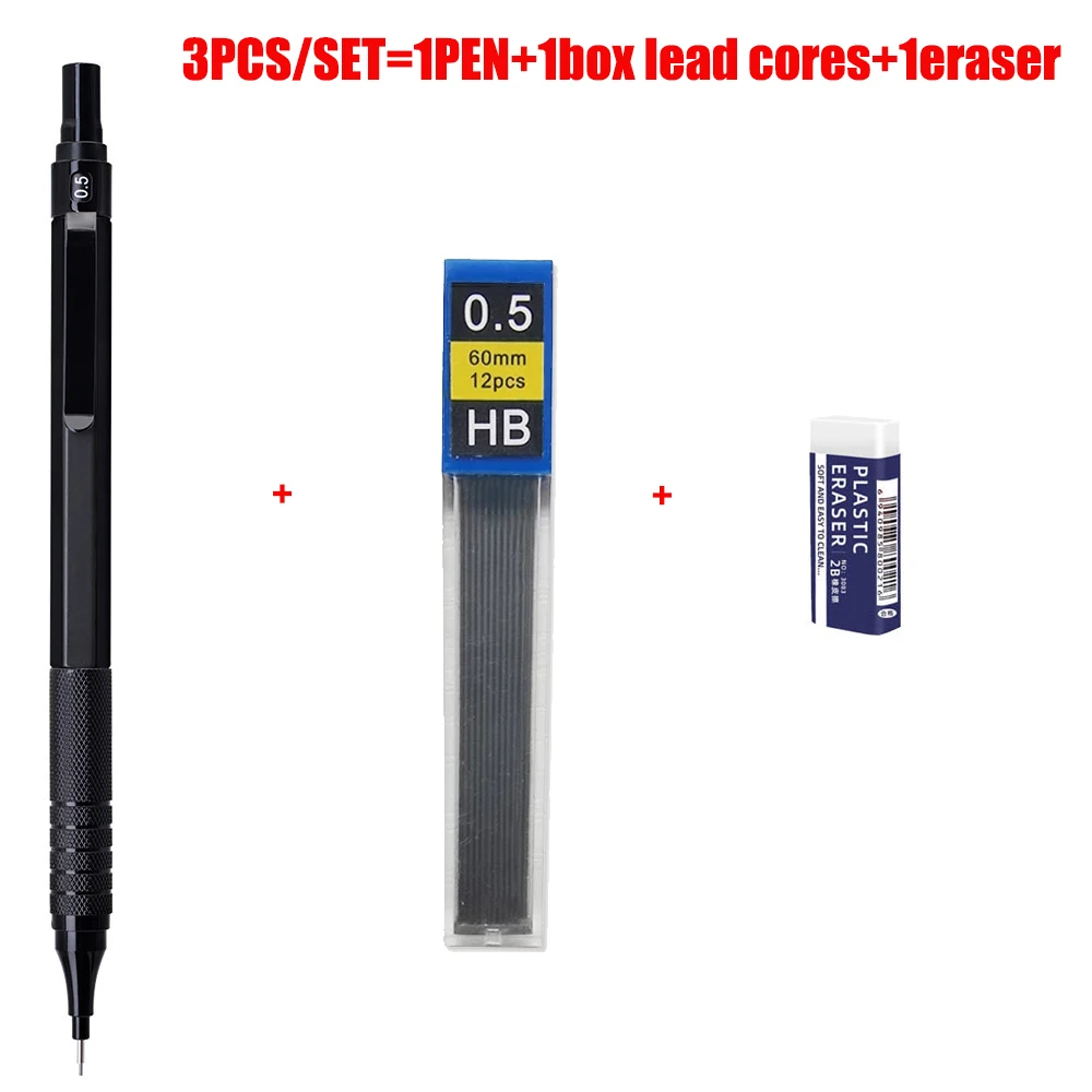 3 stks/set Metalen Vulpotlood Set 0.5/0.7/0.9mm Lood Refill Automatische Potlood Art Schets Schilderen Schrijven briefpapier