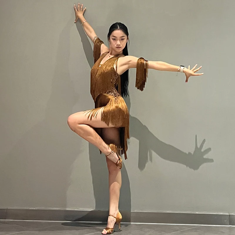 Women Backless Fringe Sexy Brown Dress Cha Cha Rumba Samba Tango Dance Costume Prom Wear Latin Dance Copetition Dress view 4
