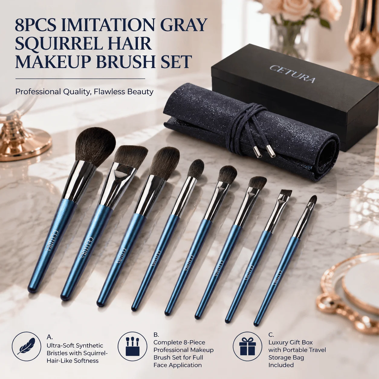 Professional Makeup Brush Set 8Pcs Soft Synthetic Bristles Eyeshadow Powder Foundation Cosmetic Brushes Kit With Luxury Gift