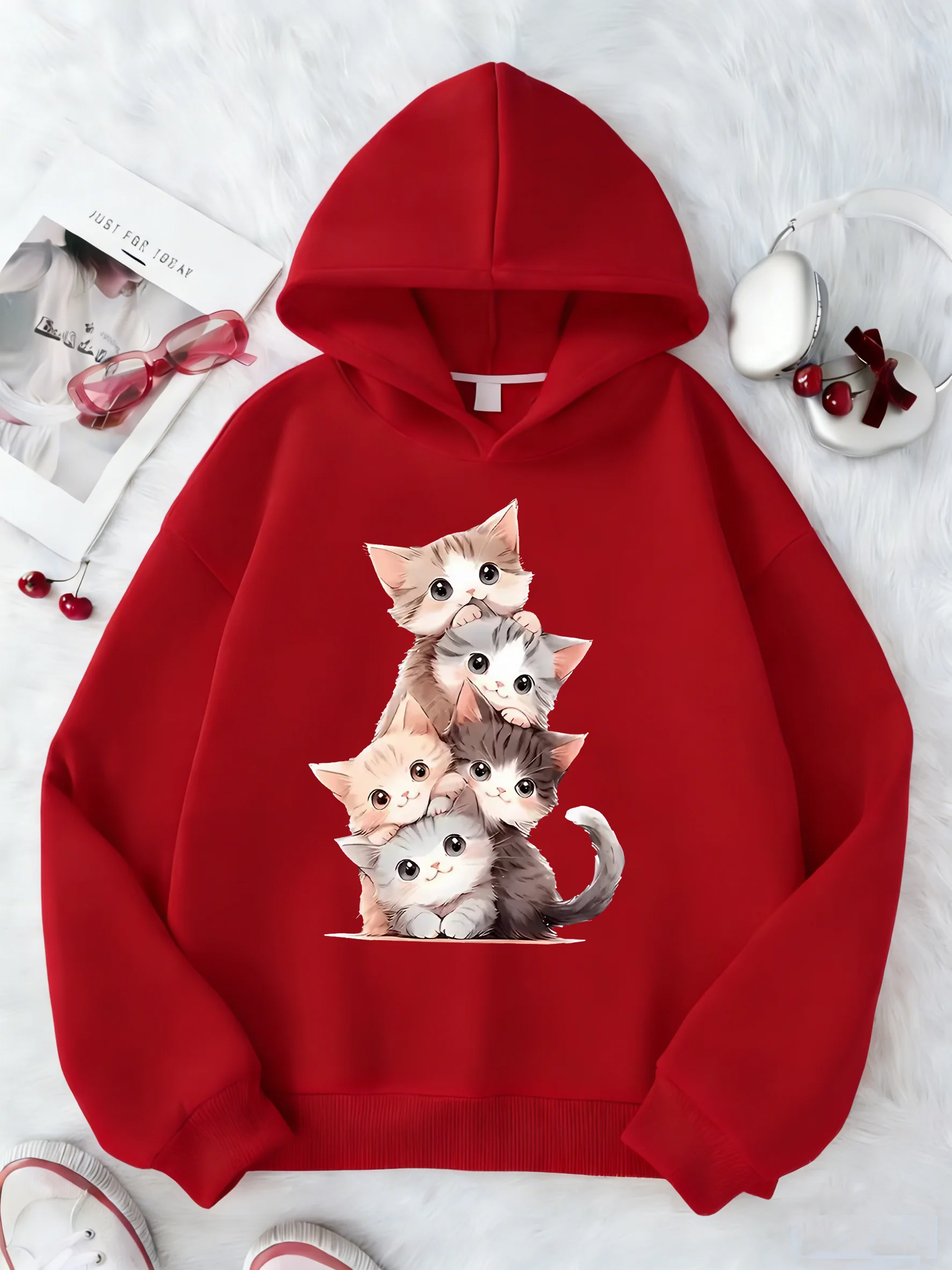 Lustiger, hübscher Kinder-Kapuzenpullover mit Katzenmotiv, niedlicher Cartoon-Kapuzenpullover für Jungen und Mädchen, Herbst- und Frühlings-Freizeit-Hoodies