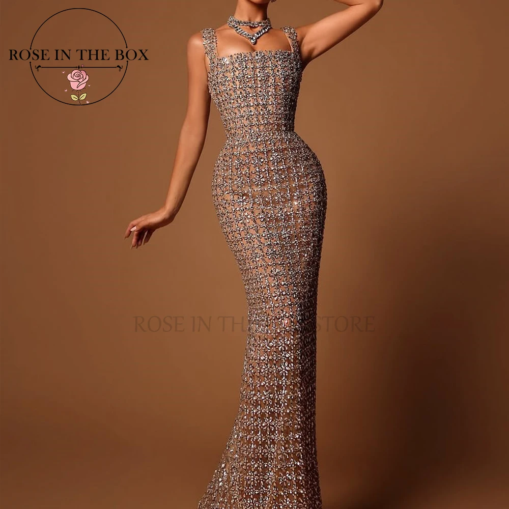 ROSEINTHEBOX personalizado glamuroso cristal champán sirena Maxi vestidos de noche escote cuadrado vestidos de fiesta elegantes
