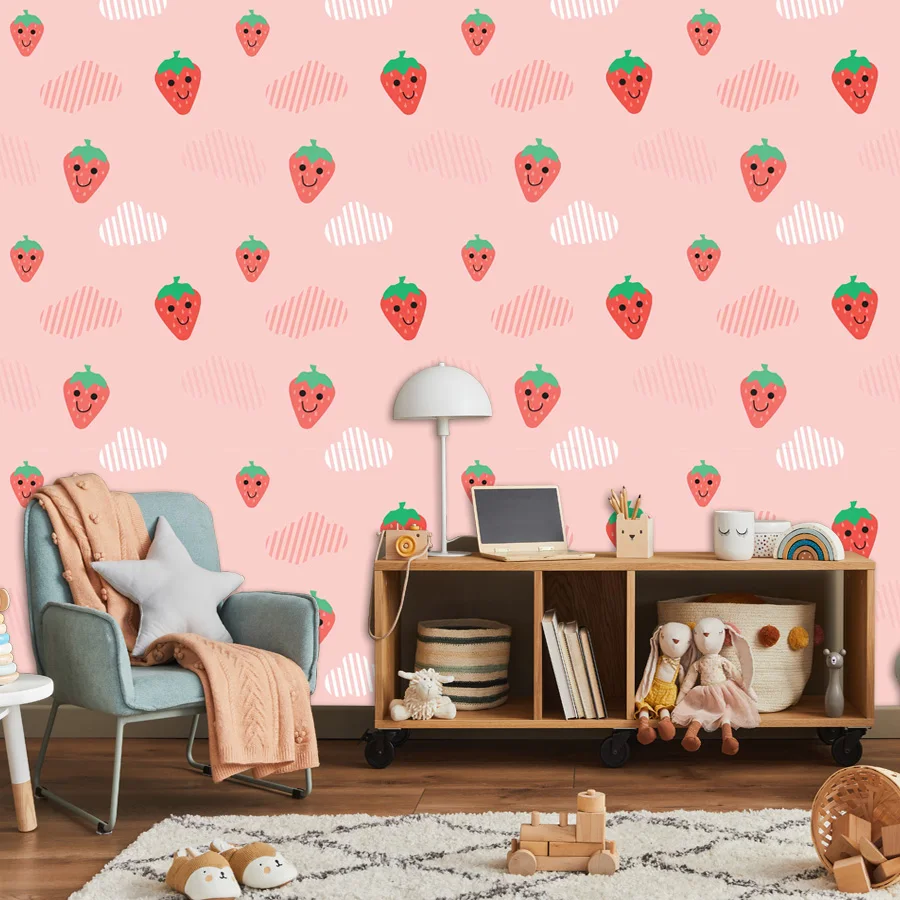 12+ Pink Strawberry Smiley Face Wallpaper for Living Room Walls Art Papers Home Decor Kids Baby Bed Mural,Self Adhesive Optional