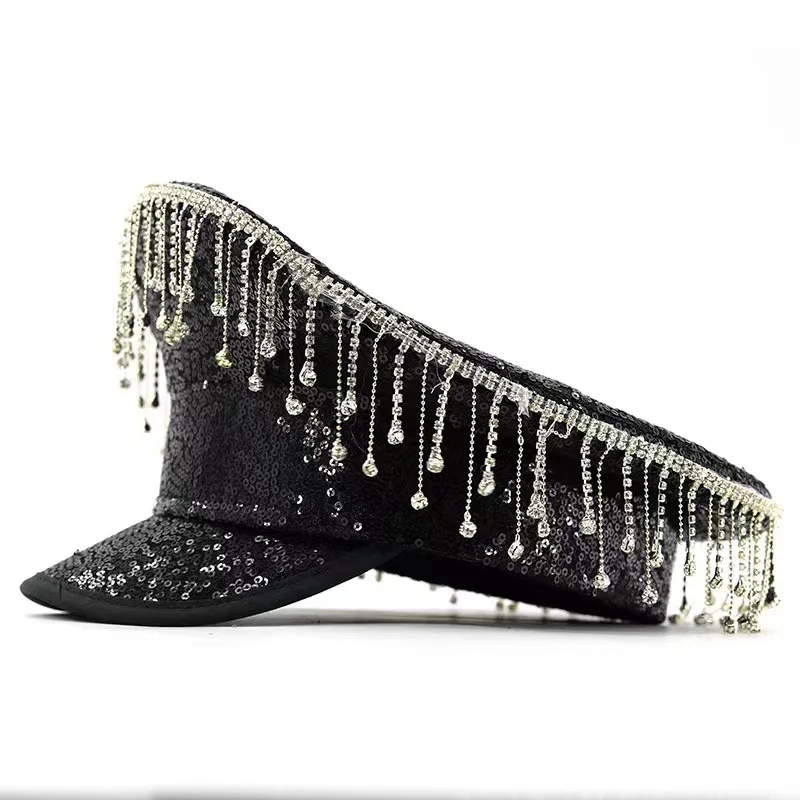 HongLuan Yellow Laser Leather Loop Captain Hat Rhinestone & Military Caps for Woman, Rave Festivals Accessories ＆ Party Cap Man