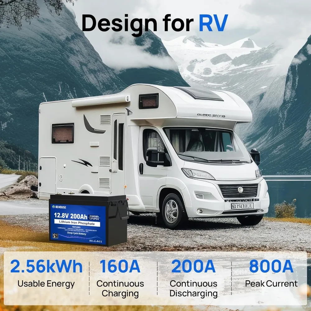 12 فولت 200 أمبير (عبوة من قطعتين) بطارية ليثيوم LiFePO4 ذات دورة عميقة، قطع درجة حرارة منخفضة، مع كحد أقصى طاقة بقدرة 2560 وات في الساعة. BMS مدمج 200A لـ RV Solar