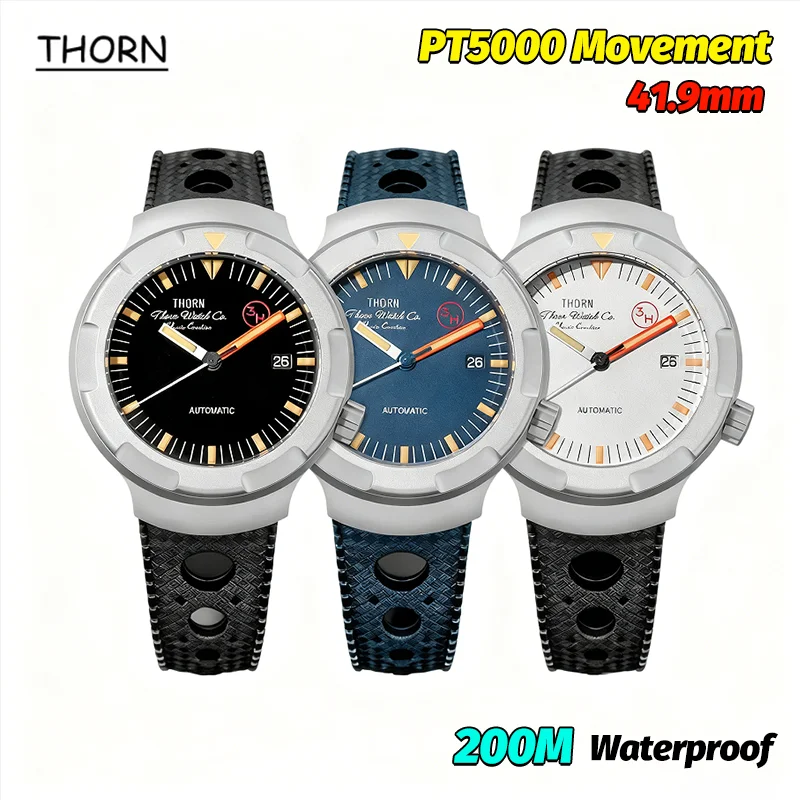 THORN T011 Titanium Men Watches PT5000 Automatic Mechanical Watch Fluororubber Strap Sapphire Mirror 200M Waterproof Retro Watch