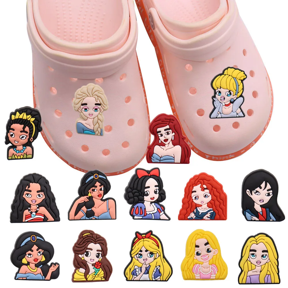 Single Sale 1pcs PVC Shoe Charms Disney Princess Elsa Ariel Snow White Slipper Accessories Shoes Ornament For Children Gift