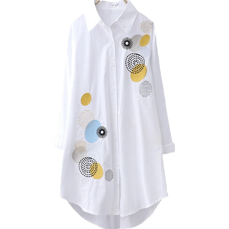 NEW White Shirt Casual Wear Button Up Turn Down Collar Long Sleeve Cotton Blouse Embroidery Feminina HOT Sale T35523M