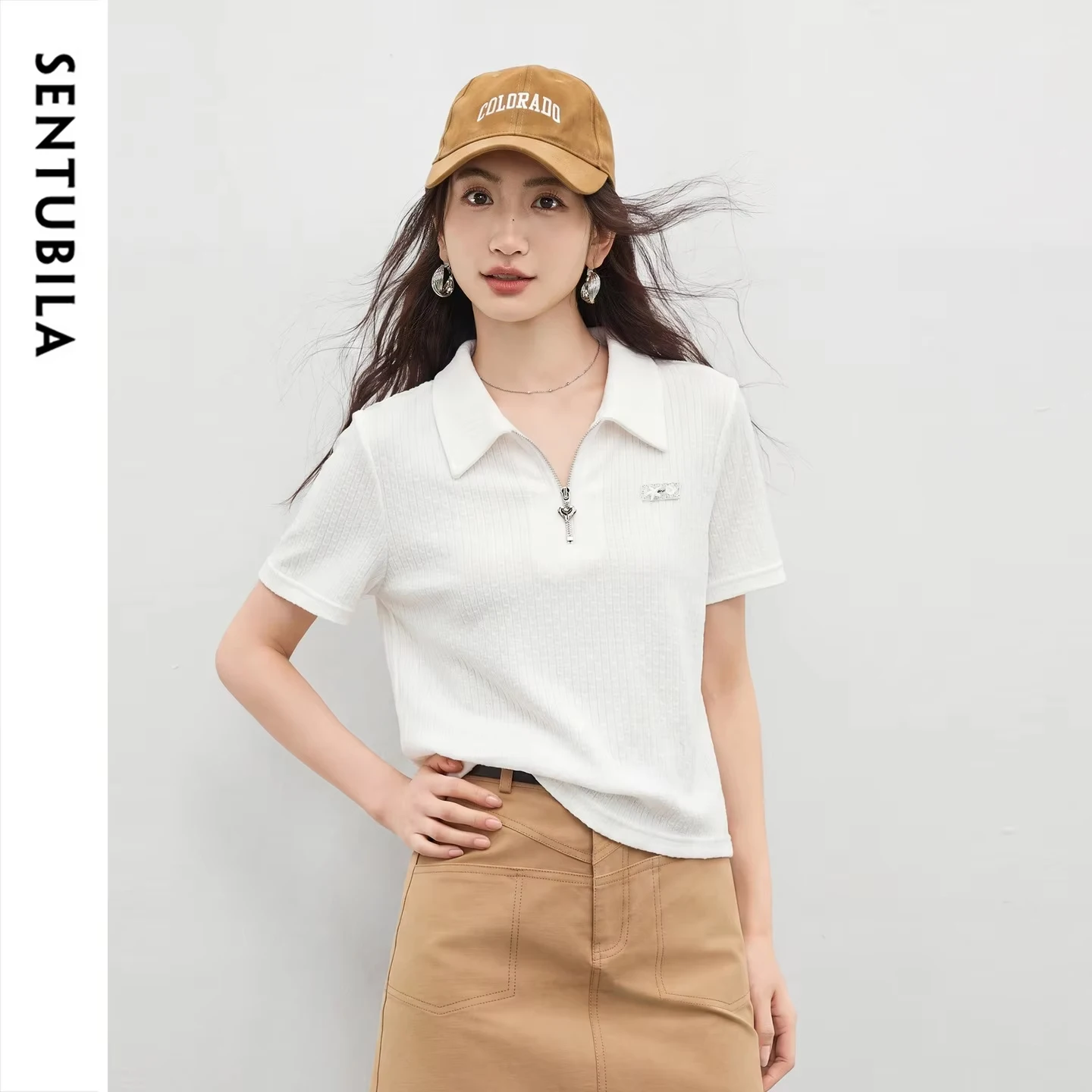 SENTUBILA Women Ribbed Knit Polo T-shirt 2026 Ladies Half Placket Soft Short Sleeve Summer Casual Knitted Tops Woman Q62TL7115