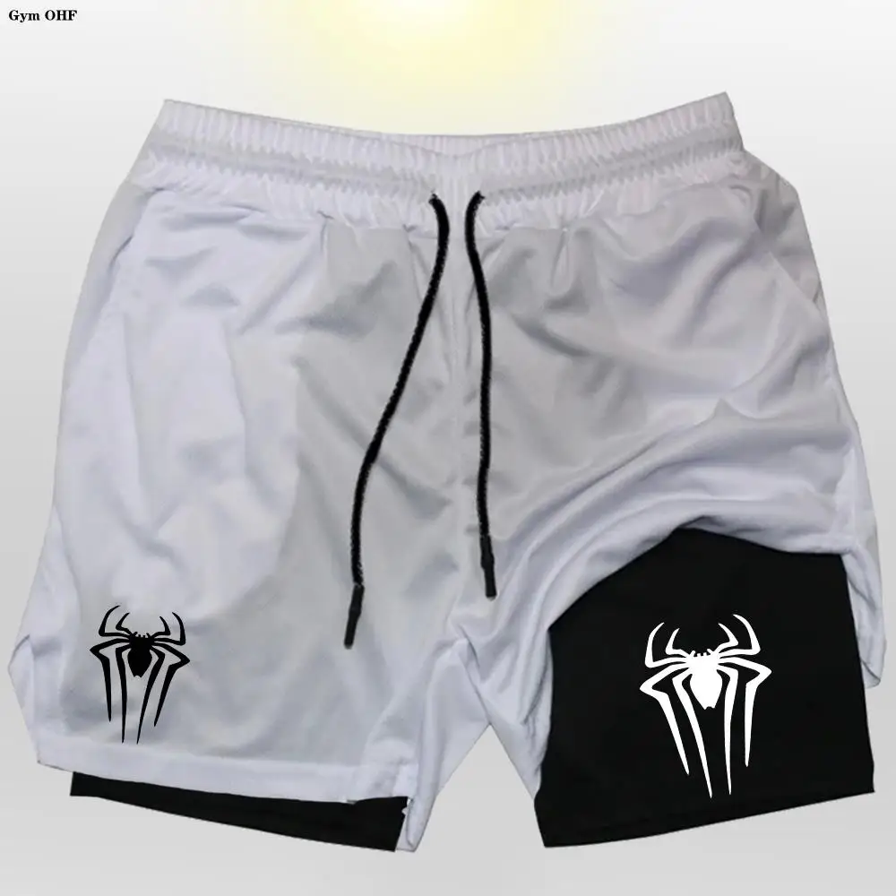 Gym Fitness Training Shorts Mens Summer 2 In 1 Quick Dry Beach Outdoor Jogging Shorts Sport Short Pants Man Anime Spider Print