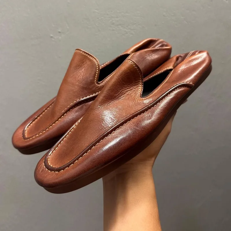 

British Style Genuine Leather Loafers Men's Leather Shoes Soft Soled Slip on Retro Casual Driving Shoes Male Spring Autumn Flats