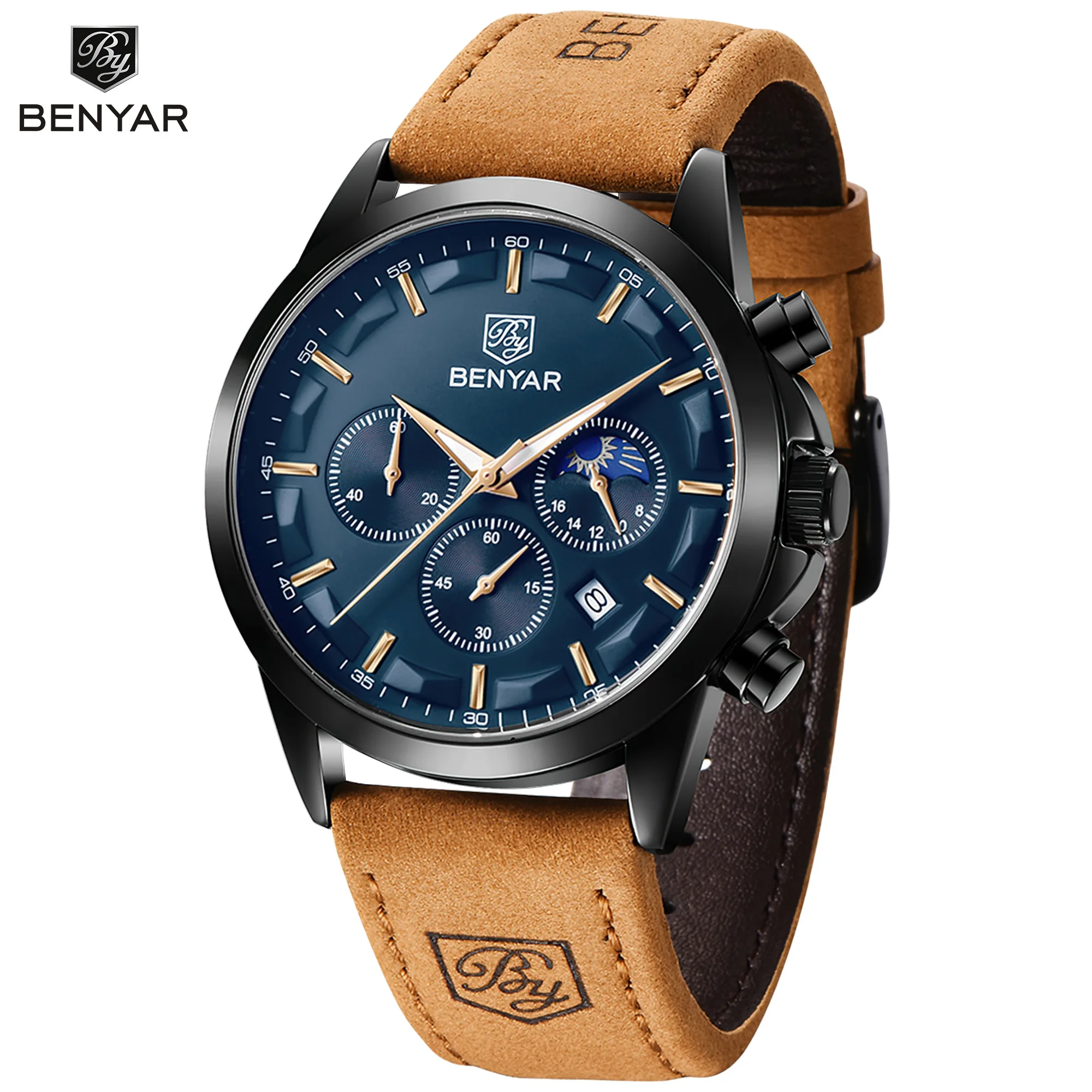 BENYAR Men's Chronograph Watch Leather Strap Hardlex Crystal Waterproof Business Casual Wristwatch Classic Sport Fashion Watch for Men Daily Wear Office Work Travel Elegant Dress Watch Stylish Timepiece Birthday Anniversary Gift for Father Husband