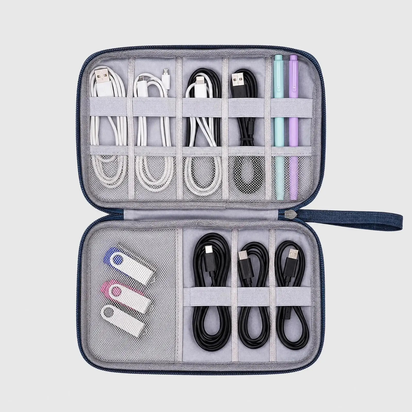 Oxford Cloth Accessory Case with Wrist Strap Zipper Closure Electronic Organizer with Hand Strap Cable Organizer Bag Portable