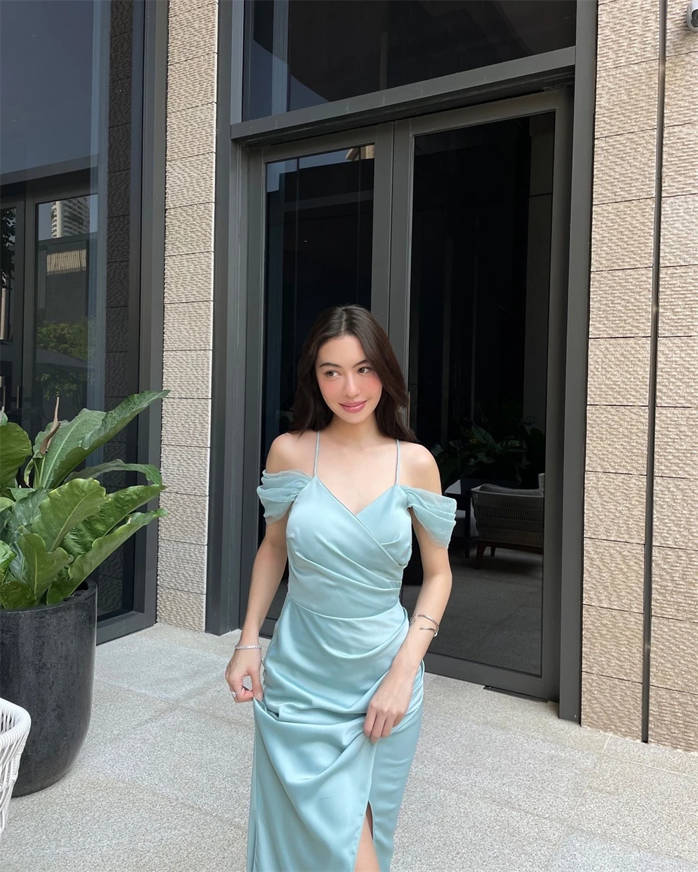 فستان سهرة من الساتان الأخضر رشيق مخصص موضة قبالة الكتف السباغيتي الأشرطة بلا أكمام فستان الحفلات مثير Pr #2