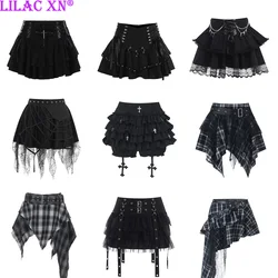 Y2K-minifalda plisada a cuadros gótica para mujer, faldas de cintura alta de corte A, estética Kawaii Harajuku, color negro, ropa de calle